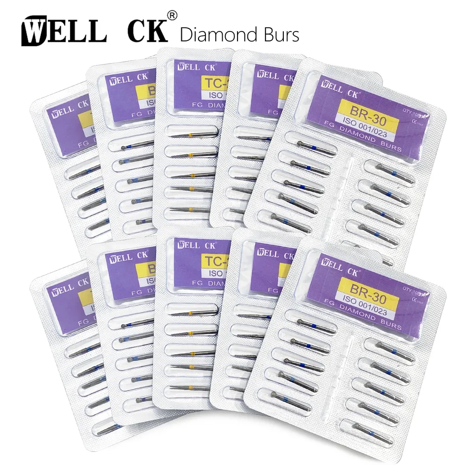 10 Uds WELLCK fresas de diamante Dental taladro FG fresas de diámetro vástago de 1,6mm para fresas de pieza de mano de alta velocidad