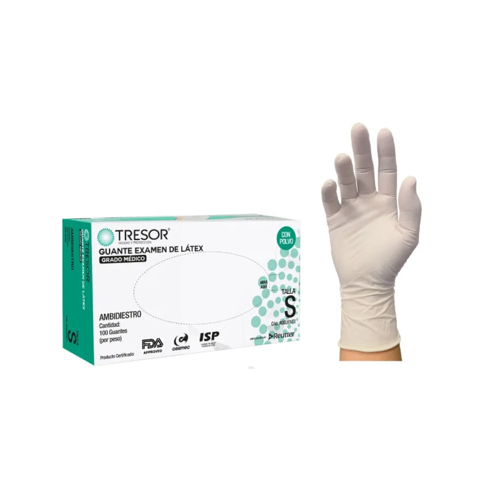 GUANTES DE LATEX CON POLVO TRESOR CAJA X 100 UD